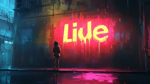 Neon live graffiti glows over lone figure in alley.