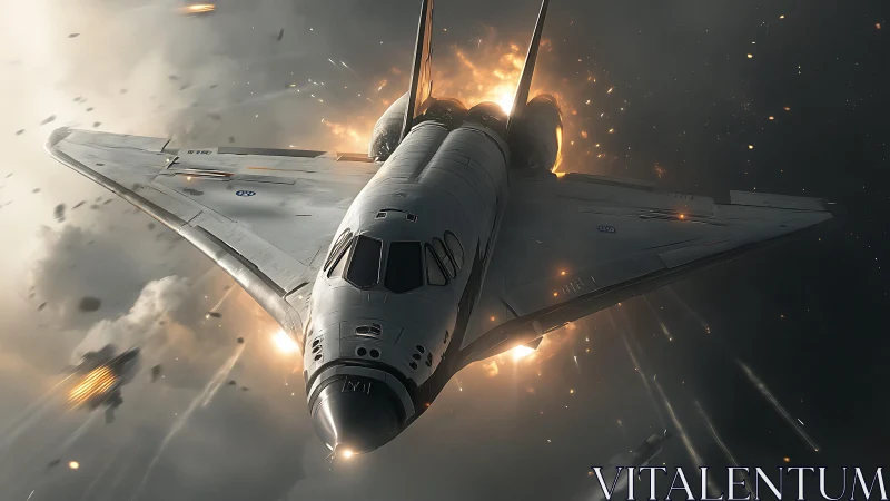 Photorealistic spacefighter under fire in cinematic ascent.
