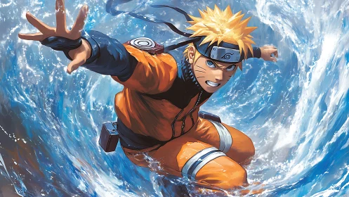 Dynamic anime warrior in orange gear amid swirling blue vortex