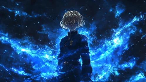 Anime boy in blue uniform amid glowing cosmic energy.