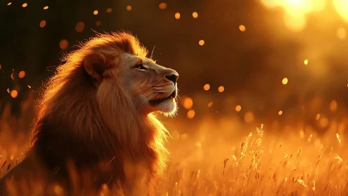 Lion portrait glows under golden backlit sunset haze.