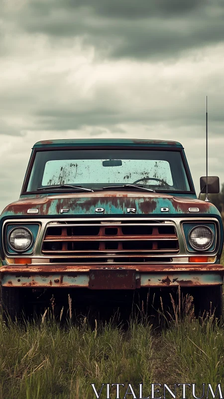Weathered teal pickup truck front view in overcast field.