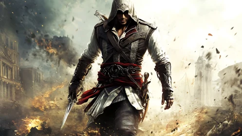 Hooded warrior strides through burning war-torn city ruins