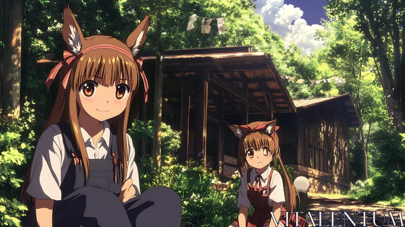 Fox-eared sisters bask in dappled forest sunlight by cabin.