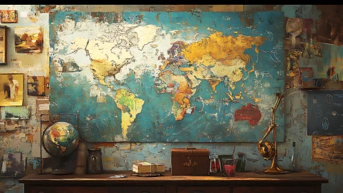 Vintage world map anchors a warm, nostalgic travel study