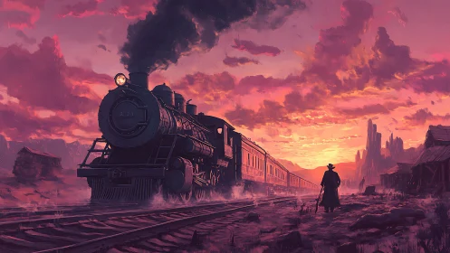 Steam locomotive crosses desert town at vivid sunset
