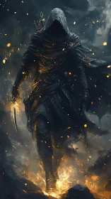 Hooded shadow warrior strides through swirling embers of doom.
