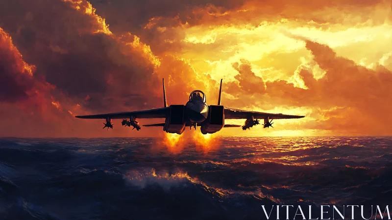 Jet fighter over ocean at sunset with vivid orange sky.