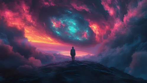 Silhouetted wanderer contemplates a cosmic storm of neon clouds