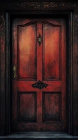 Red wooden front door with ornate dark metal hardware