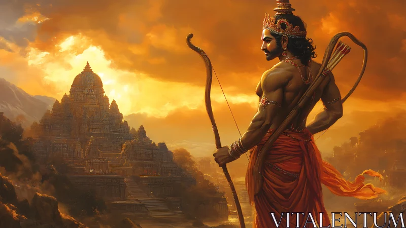 Warrior archer overlooking sandstone temple under blazing sky