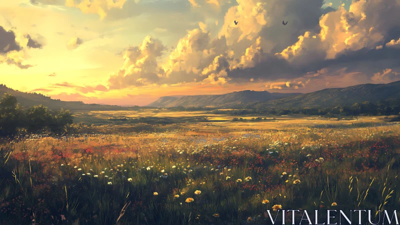 Sunlit wildflower plain unfolds under cumulonimbus sunset sky