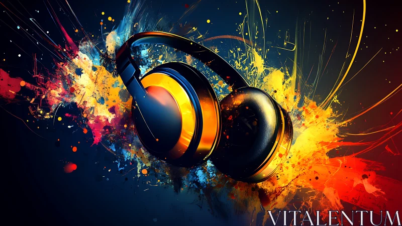 Headphones are rendered amid radial paint-like color bursts