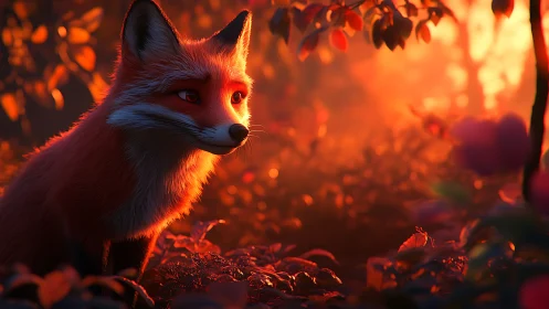 Softly lit fox watches a glowing autumn forest burnish red.