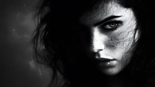 Storm-lit gaze in monochrome shadow, freckled with mystery.