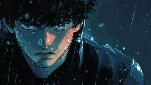 Stormlit resolve in a rain-soaked anime night portrait.