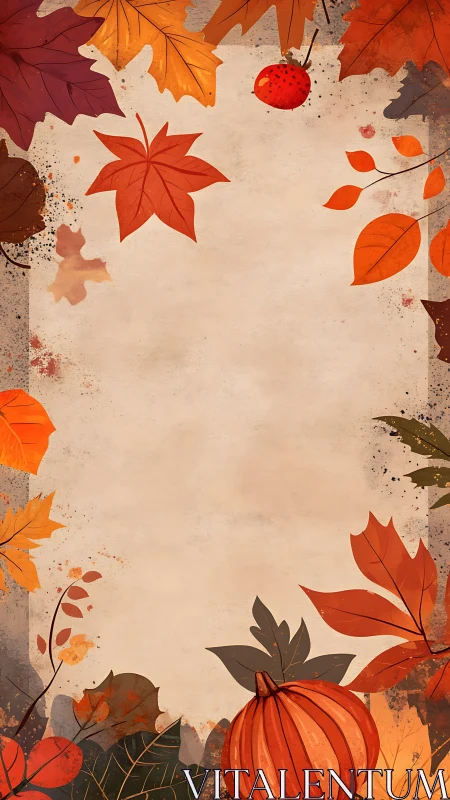 Autumn foliage border with pumpkin on textured parchment background.