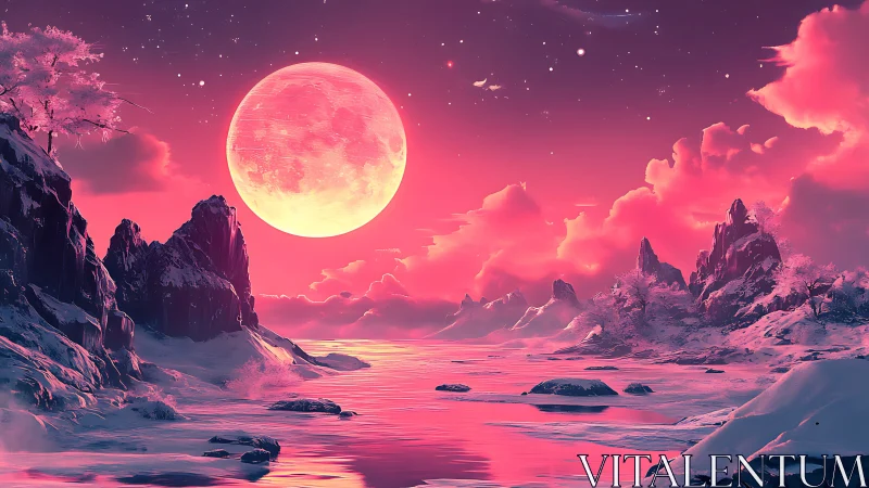 Pink lunar landscape over frozen river and mountains.