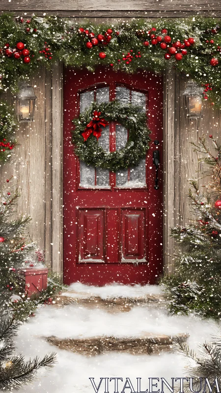 Red Christmas door glows under snowfall and evergreen wreath