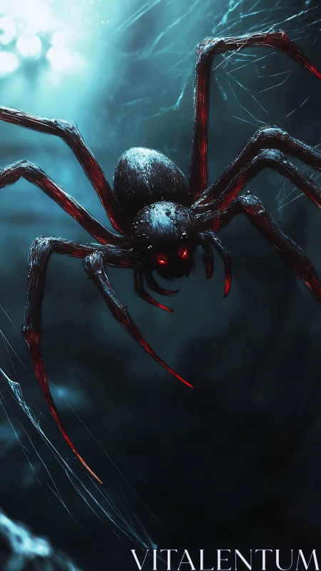 Giant red-eyed spider hangs in blue-lit webbed darkness