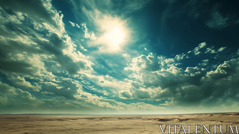 Sunlit desert horizon beneath expansive teal sky clouds.