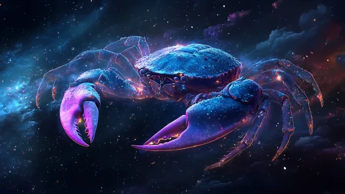Cosmic tidewalker crab drifting through neon nebulae night.