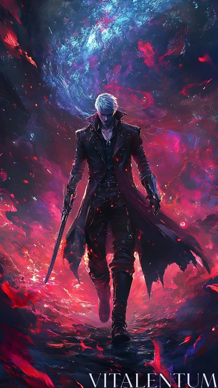 Cyber-noir swordsman strides through nebular inferno in profile