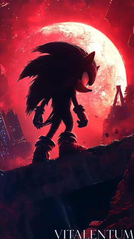 Cinematic digital silhouette of heroic hedgehog against red moon.