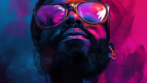 Neon portrait of bearded man in reflective sunglasses.