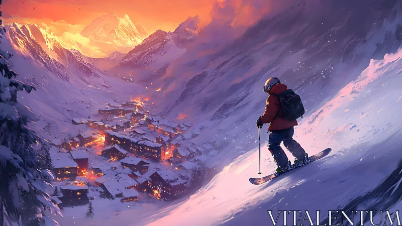 Snowboarder descends glowing alpine village at sunset.