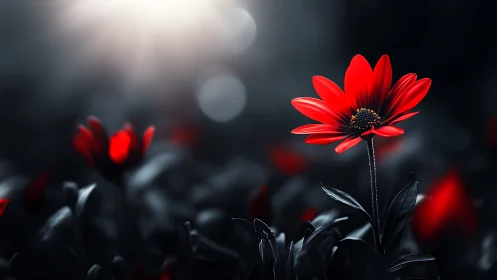 Radiant Red Daisy Blooming Through the Darkness.