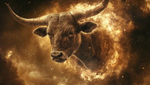 Fiery celestial bull emerging from a glowing cosmic storm.