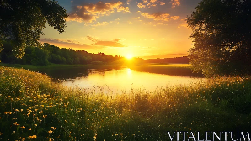 Sunlit lakeshore meadow captures low-angle golden hour illumination