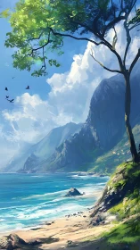 Mountain Lake Landscape with Tree and Coastal Valley.