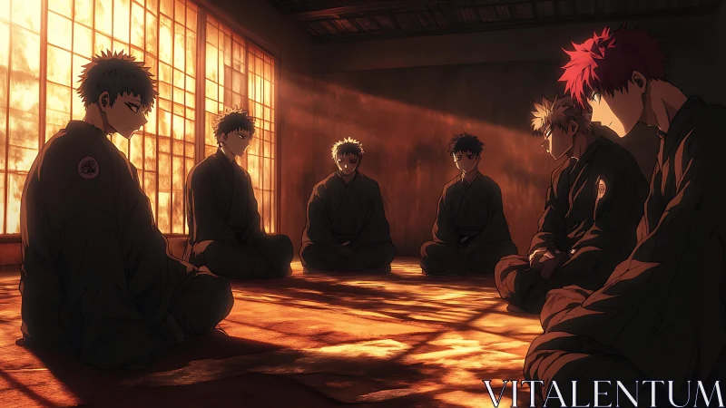 Martial arts students seated in circle in dim dojo interior.