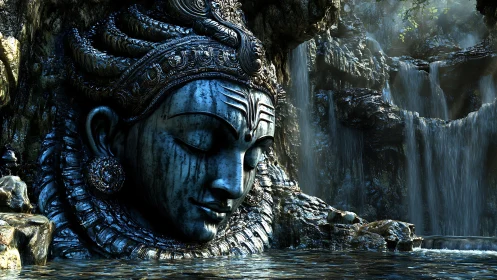 Digital sculpture of serene stone deity in waterfall grotto.
