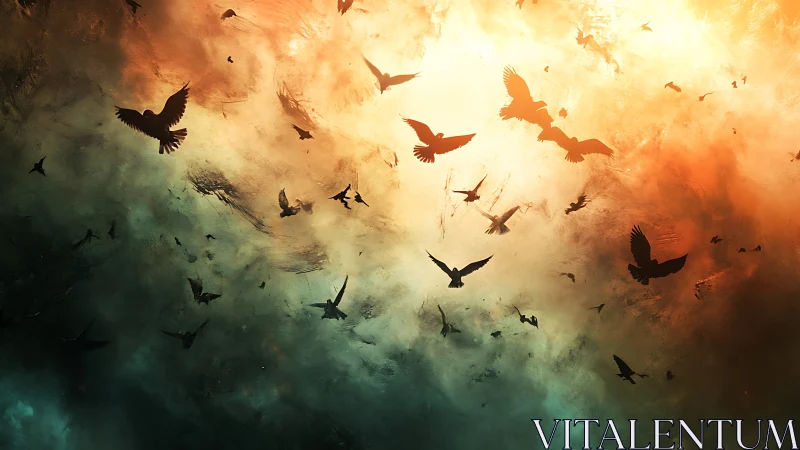 Silhouetted birds crossing a dramatic divided sky.