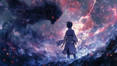 Lone warrior confronts shadow beast in storming cosmic void