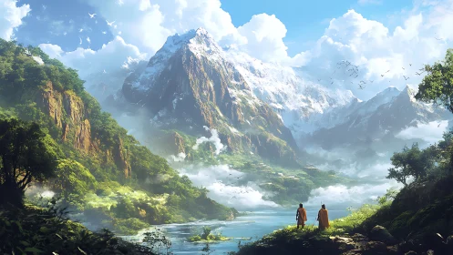 Majestic snow peaks above emerald valley and river travelers.