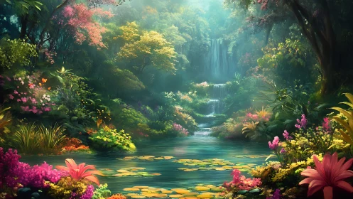 Luminous jungle lagoon with cascading misty waterfalls.