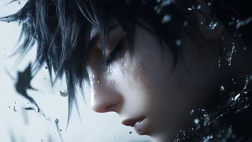 Storm-kissed dreamer with ink-black tears in quiet eclipse.