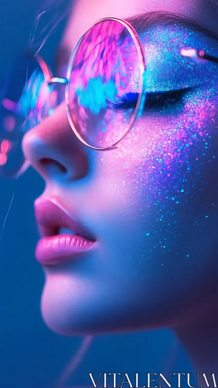 Neon closeup portrait with glitter and reflective glasses.