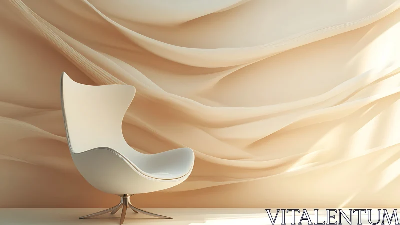 Curved white lounge chair before sculpted sand-tone wall.