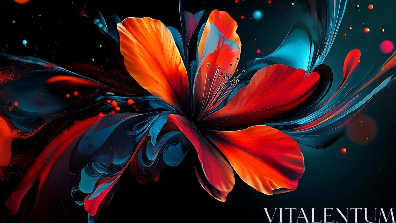 Digital abstract flower forms with vivid red and cyan petals