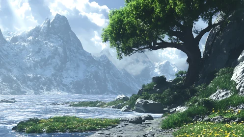 Sunlit alpine shoreline renders high-contrast natural drama