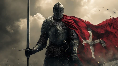 Armored medieval knight with sword and red cross banner.