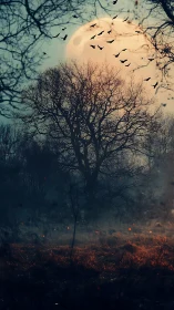 Full moon behind bare tree silhouettes above misty field