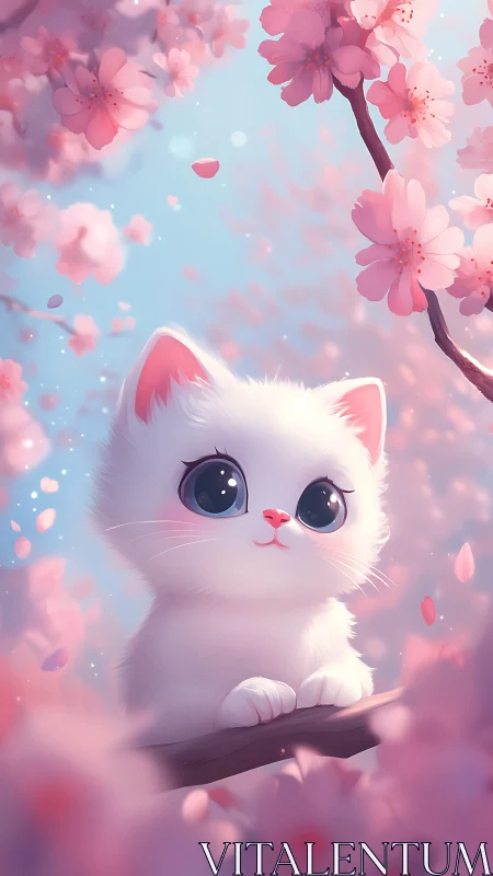 White Kitten Among Cherry Blossoms in Soft Pink Light.