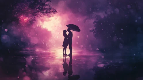 Silhouetted figures holding umbrella in illuminated landscape