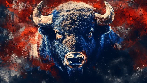 Blue bison portrait over red abstract splatter background.